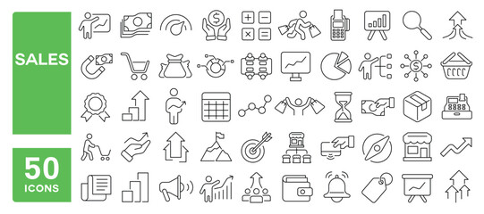 Set of 50 line icons related to sales, profits, increase, performance, revenue, efficiency, shopping, productivity, Editable stroke. Vector illustration