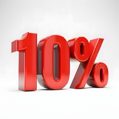 Vibrant 3D image of bold, glossy red text showing '10%' on a pure white background. The text features a sleek and modern design, with reflective and hyper-realistic details ideal for promotional and m
