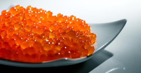 Red caviar in a plate close up. Salmon caviar over gray background. Delicious gourmet food.  Delicatessen. Texture of caviar. Seafood, macro shot. Border design
