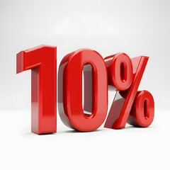 Vibrant 3D image of bold, glossy red text showing '10%' on a pure white background. The text features a sleek and modern design, with reflective and hyper-realistic details ideal for promotional and m