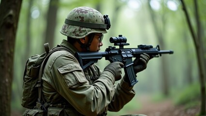 Fototapeta premium A soldier dressed in camouflage focuses intently on his target while holding a rifle, surrounded by tall trees in a forest during the early morning hours