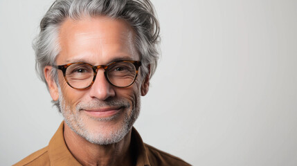 Obraz premium A detailed portrait of a senior man with grey hair and glasses, standing confidently against a white background. He wears a neatly pressed shirt and a warm smile, with a calm and a