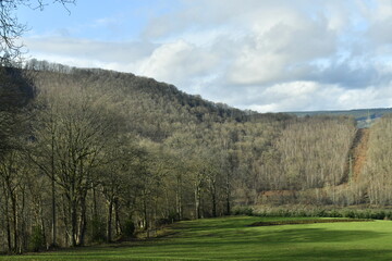 Obraz premium Les grandes collines boisée sous un ciel nuageux à Coo (Stavelot) 