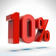 Vibrant 3D image of bold, glossy red text showing '10%' on a pure white background. The text features a sleek and modern design, with reflective and hyper-realistic details ideal for promotional and m
