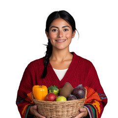 Fototapeta premium Woman holding a basket of fresh fruits and vegetables on transparent background