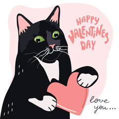 Valentines Day greeting card with cute cat.Cartoon animal character holds a heart in its paws.Background with hand written love you.Vector design for  banner template,poster.Flat color illustration.