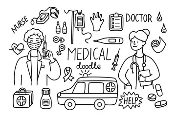 Medical doodle set with doctor, nurse, ambulance, bottle, tablets, ampoules, blood pressure monitor, thermometer, dropper,syringe.Collection of linear icons in vector.Graphic illustration on white.