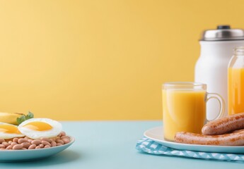 Delicious breakfast with eggs, bacon, beans, bananas, and orange juice on a bright yellow table