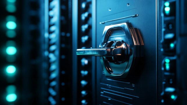 Sleek metallic lock on secure server door with glowing lights