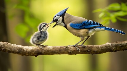 A blue jay feeds its chick on a branch, capturing a moment of nurturing and care in the forest