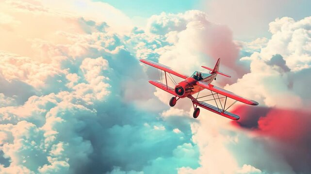 Bright red biplane soaring through fluffy clouds during a clear blue sky 4K Video