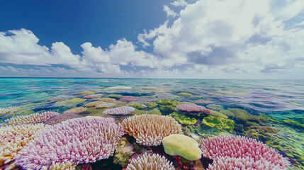 Vivid Coral Reef in Shallow Tropical Waters Under Clear Sky