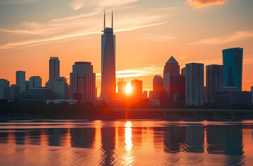 Fototapeta premium Golden Hour Glow Over a Modern Skyline