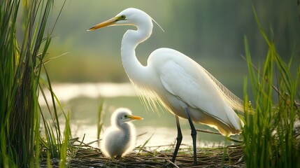 An egret stands with its chick by a tranquil lake, highlighting nurturing relationships in a serene setting