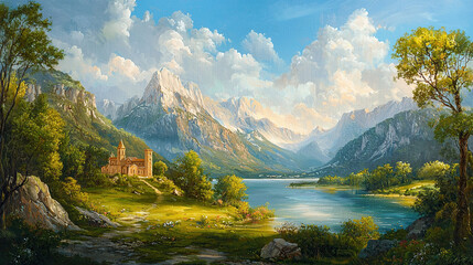 Fototapeta premium the cuntry, generative ai, landscape, architecture, curtoone, chasny house, background, art nouveau, city, skyline, skyscraper, building, water, lake, nature, autumn, river, sky, tree, reflection, 