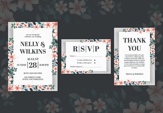 Elegant Floral Wedding Invitation and RSVP Card Set