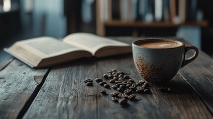 Rustic Coffee Scene With Cup Of Latte And Open Book On Wooden Table With Coffee Beans. Cozy Coffee With Open Book