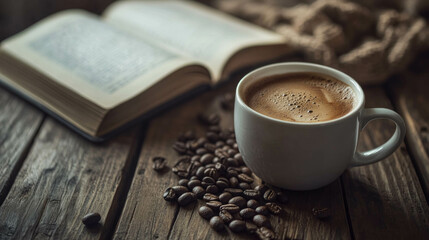 Rustic Coffee Scene With Cup Of Latte And Open Book On Wooden Table With Coffee Beans. Cozy Coffee With Open Book