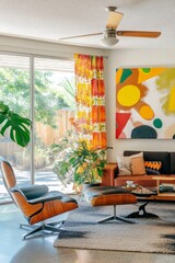 Bright and modern living room with colorful curtains and contemporary art in a sunny setting