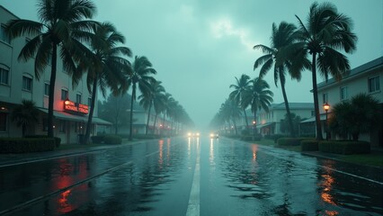 Rainy evening in a tropical town with palm trees lining the flooded streets during twilight