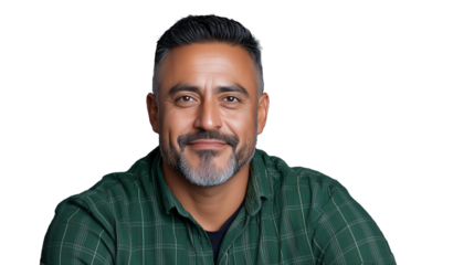 Confident man with beard smiling in green plaid shirt on transparent background