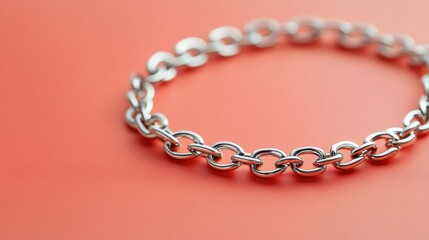 Obraz premium Elegant Simple Silver Bracelet Displayed on a Soft Pastel Coral Background for Jewelry Promotion and Fashion Showcases
