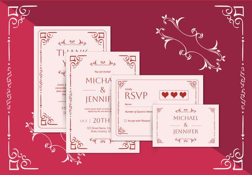 Red And Pink RSVP Ornamental Wedding Invitation Elegant Template