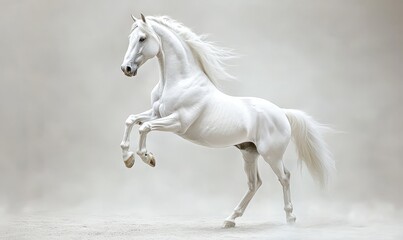 Fototapeta premium A majestic white horse rearing up on its hind legs against a light gray background, showcasing its powerful physique and elegant stance