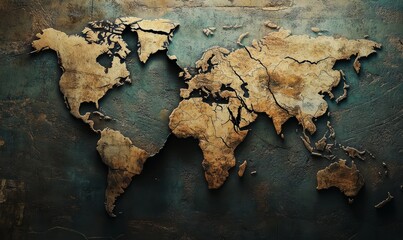 A map of the world with cracks forming between countries, symbolizing broken trade relations, divided trade routes, global conflict