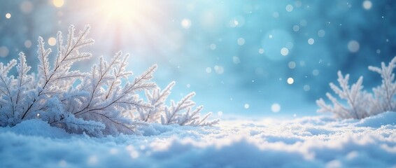 Frosty branches in snowy landscape with sunlight with copy space