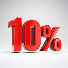 Vibrant 3D image of bold, glossy red text showing '10%' on a pure white background. The text features a sleek and modern design, with reflective and hyper-realistic details ideal for promotional and m