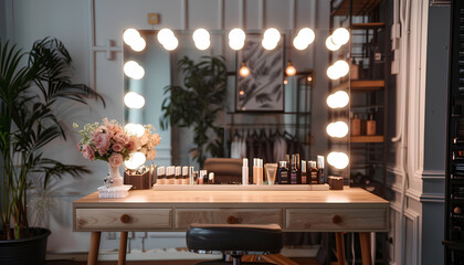 Makeup room interior with wooden table and large mirror