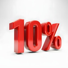 Vibrant 3D image of bold, glossy red text showing '10%' on a pure white background. The text features a sleek and modern design, with reflective and hyper-realistic details ideal for promotional and m