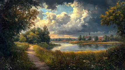 the cuntry, generative ai, landscape, architecture, curtoone, chasny house, background, art nouveau, city, skyline, skyscraper, building, water, lake, nature, autumn, river, sky, tree, reflection, 