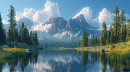 Serene mountain landscape with a reflective lake and lush greenery under a clear sky.