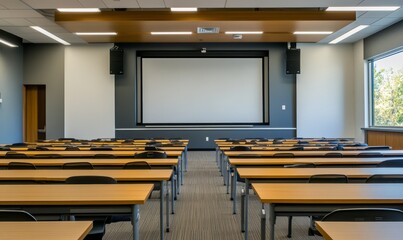 A modern classroom interior featuring a large whiteboard and a retractable projection screen at the front, with rows of wooden desks neatly arranged