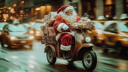 Last minute shopping for Christmas. Santa Clause rushing through the streets of a city.