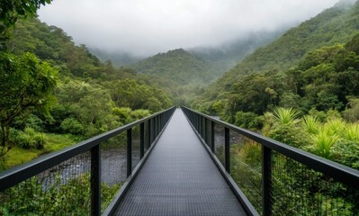 Obraz premium Suspension bridge stretches into the mist over a lush forest in early morning light