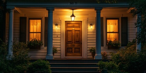 Fototapeta premium Warm glowing home entrance with inviting light and cozy atmosphere at dusk