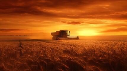 Fototapeta premium Harvest at Sunset: Golden Fields and a Combine Harvester