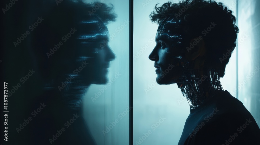 Leinwandbilder A human looks into a digital mirror, seeing a robotic reflection that highlights AI and technology in a modern environment. Generative AI