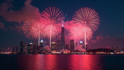 Colorful fireworks illuminate the city skyline during a vibrant night celebration by the waterfront