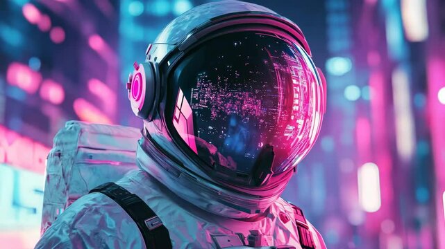 3D of astronaut in futuristic neon lit cyberpunk city. Neon pink blue violet night astronaut. Generative ai. art. 4K Video