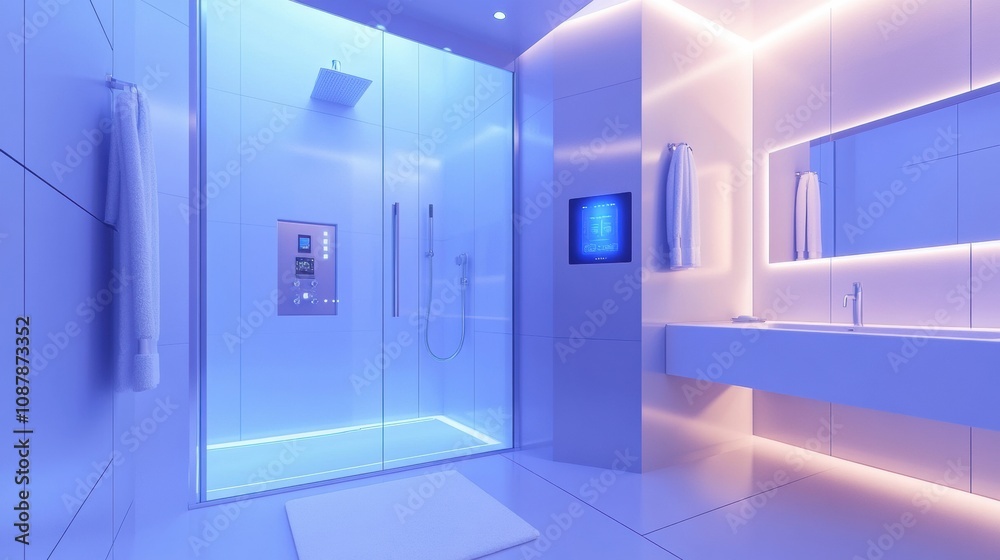 Poster This sleek bathroom showcases a smart shower system with a touch panel for temperature control and ambient lighting in soft tones. Generative AI