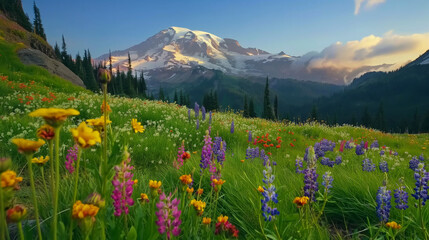 Fototapeta premium Mountains,flower,sunset,clouds,trees