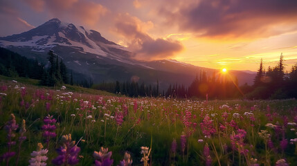 Obraz premium Mountain, rivers, beautiful flowers, ice, big trees, leaves, snow, beautiful scenario, valley, lake
