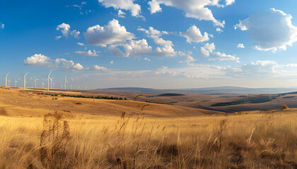 Fototapeta premium Beautiful view of field with wind turbines. Alternative energy source