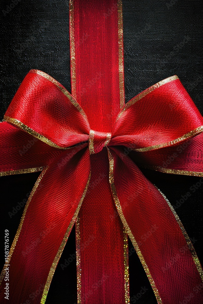 Poster a simple yet elegant design featuring a bright red and gold bow against a dark, black background