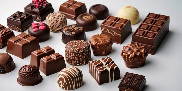 Assortment of gourmet chocolates arranged on a white background, 4K Video
