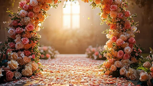Peach and pink rose archway adorns a sunlit aisle strewn with petal, generative ai